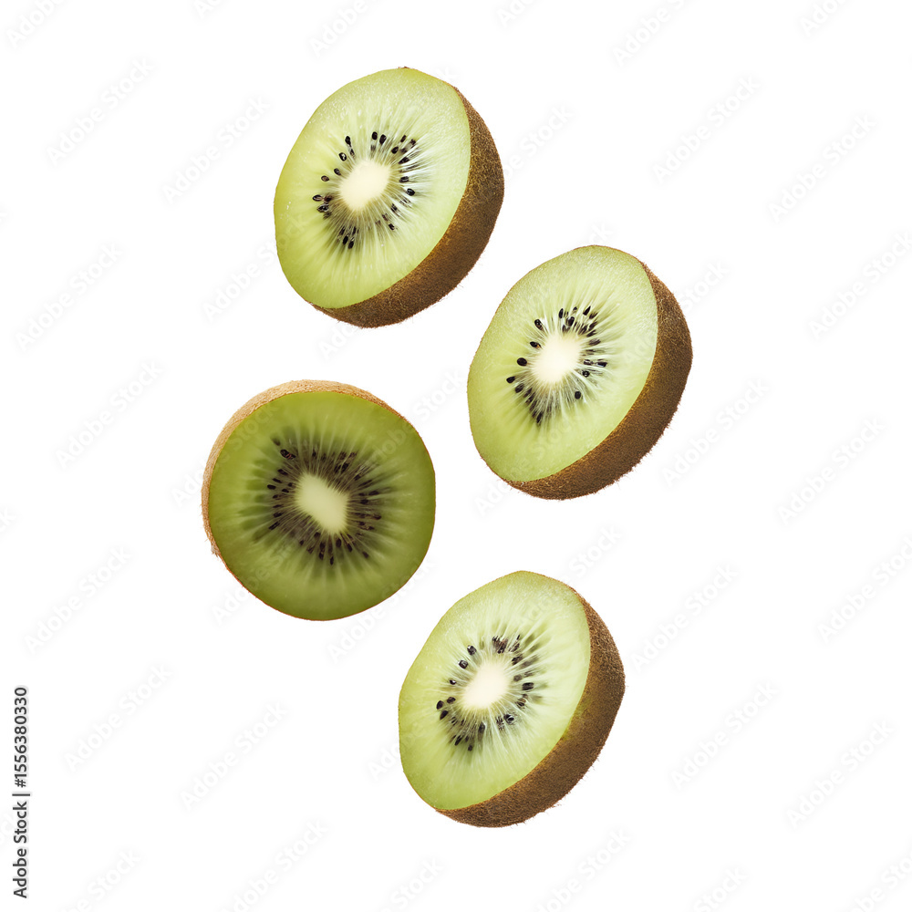 Fototapeta premium Fresh kiwi slices arranged in a modern style, showcasing vibrant green color and texture against a white isolated background.