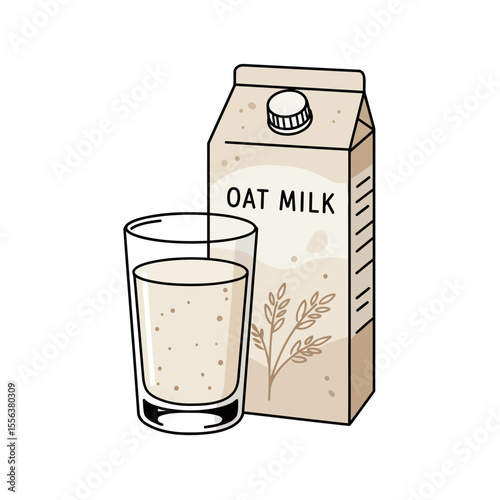 A glass of oat milk next to a carton in a gradient style
