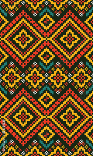 seamless geometric pattern, pixel-inspired fabric fuse modern tech with style. Clean lines and bold colors make them perfect for everything from trendy clothing to unique home decor, adding a vibrant.