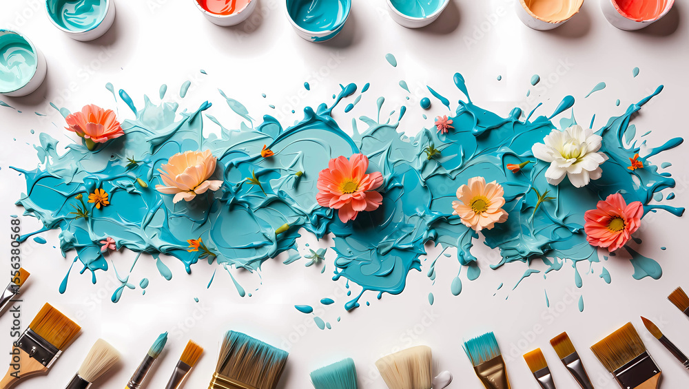 Obraz premium Artistic Teal Paint Splatter with Flowers and Paintbrushes