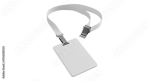A close up shot of a blank white id badge with a lanyard against a plain black background studio shot