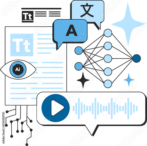 Ai translation language processing neural network machine learning text voice recognition technology vector art illustration and png 