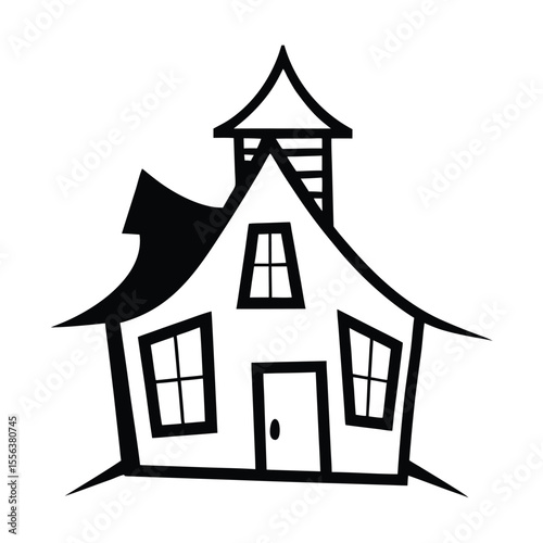 Whimsical illustration of a leaning old fashioned house with a charmingly crooked structure and vibrant colors perfect for storybook designs