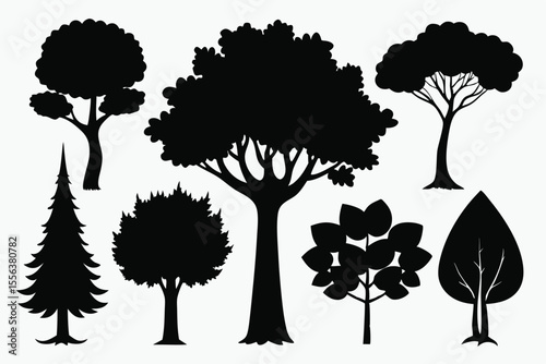 Collection of black silhouettes various tree types nature