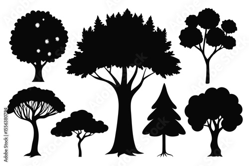 Collection of black silhouettes various tree types nature