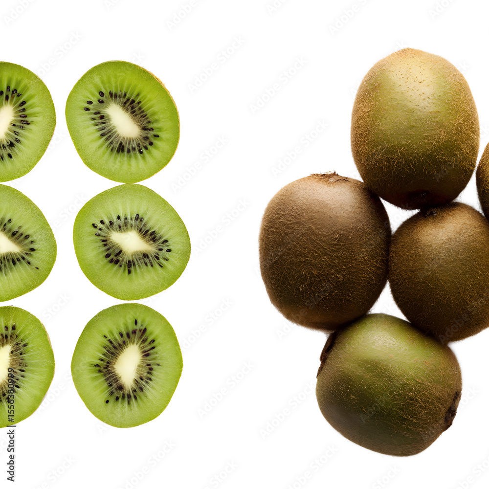 Fototapeta premium fresh kiwi fruit slices and whole kiwis on dark background arranged in artistic composition highlighting vibrant green flesh and brown skin
