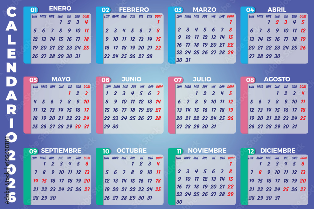 Vector de calendario 2026 con 12 meses, días organizados de lunes a domingo. Cada mes tiene colores distintos y fondo degradado. Diseño limpio, organizado y legible, con numeración clara
