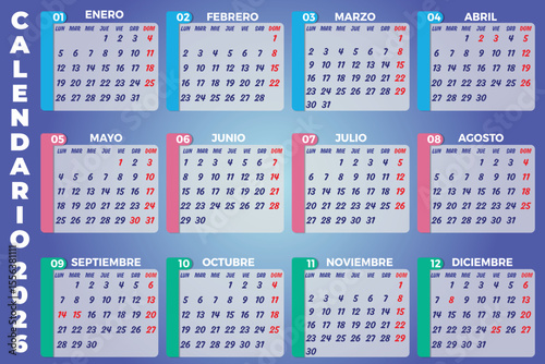 Vector de calendario 2026 con 12 meses, días organizados de lunes a domingo. Cada mes tiene colores distintos y fondo degradado. Diseño limpio, organizado y legible, con numeración clara