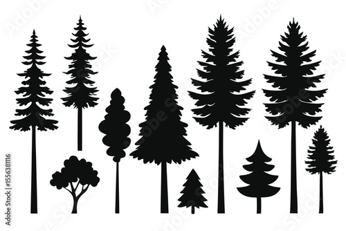 Collection of black silhouettes various trees forest nature