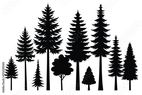Black silhouette set of 8 pine trees