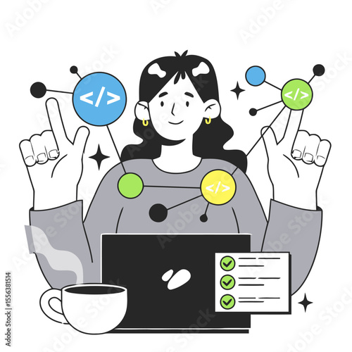 Woman coding developer programmer software engineer laptop technology computer work from home freelance job dev vector art illustration and png 