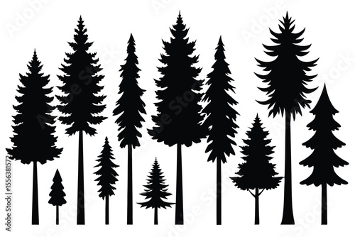 Black silhouette set of 8 pine trees