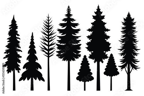 Black silhouette set of 8 pine trees