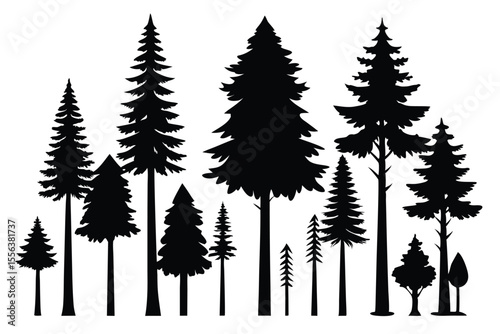 Black silhouette set of 8 pine trees