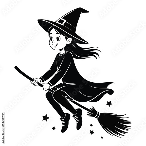 Young girl in witch costume flying on broom silhouette on isolated black and white background