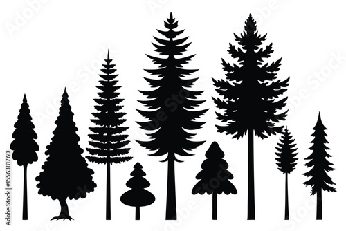 Black silhouette set of 8 pine trees