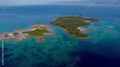 Aerial view of Lichadonisia which is island popular with boat trippers. the Greek Bahamas, in North Evia, Greece