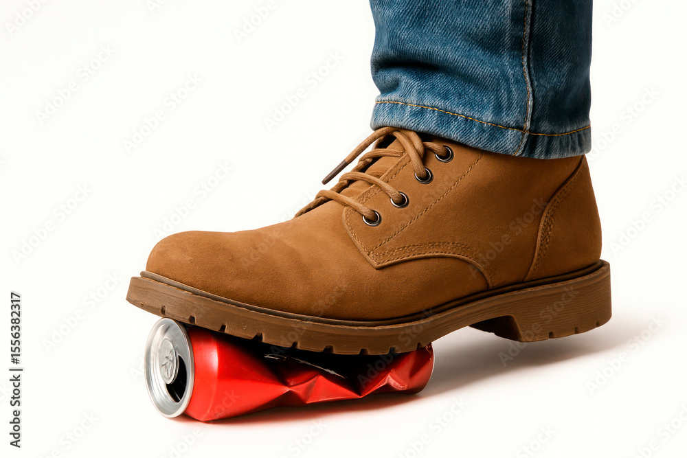 A crushed tin can under a heavy shoe. A crushed tin can under a heavy shoe.