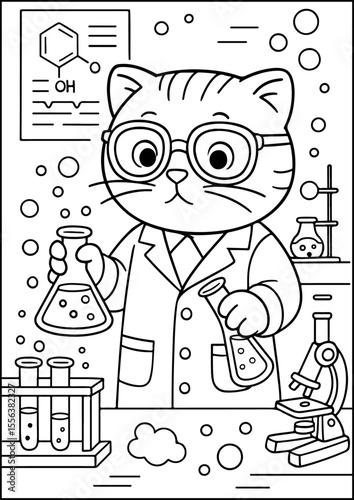Anthropomorphic Animals, coloring page, This scientist cat loves discovering how things work in the lab.