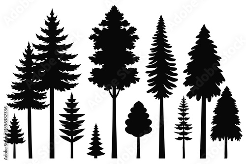 Black silhouette set of 8 pine trees