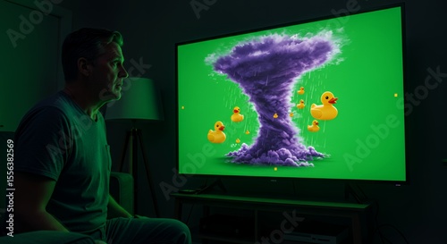 Man watches mesmerized as rubber ducks are swept away by a digital tornado on his TV screen.