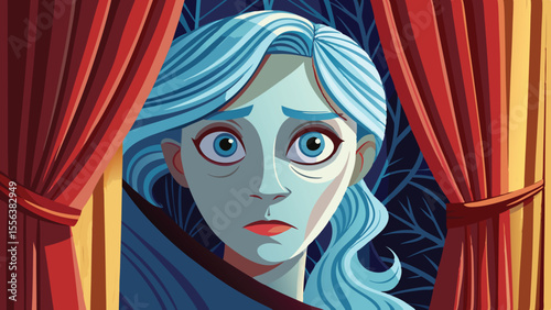 illustration of a girl in a red curtain