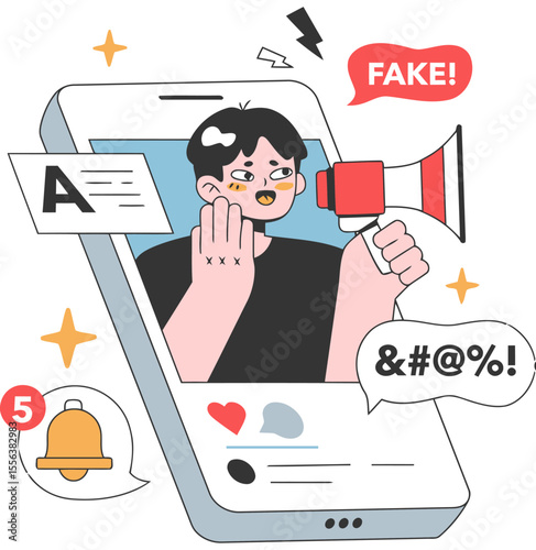 Fake news misinformation social media influencer megaphone announcement online communication spreading vector art illustration and png 