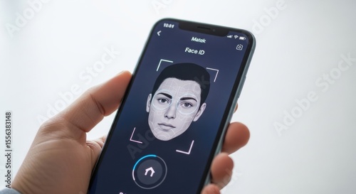 Woman's hand holding a phone displaying a facial recognition scan for biometric security or digital identity verification.
