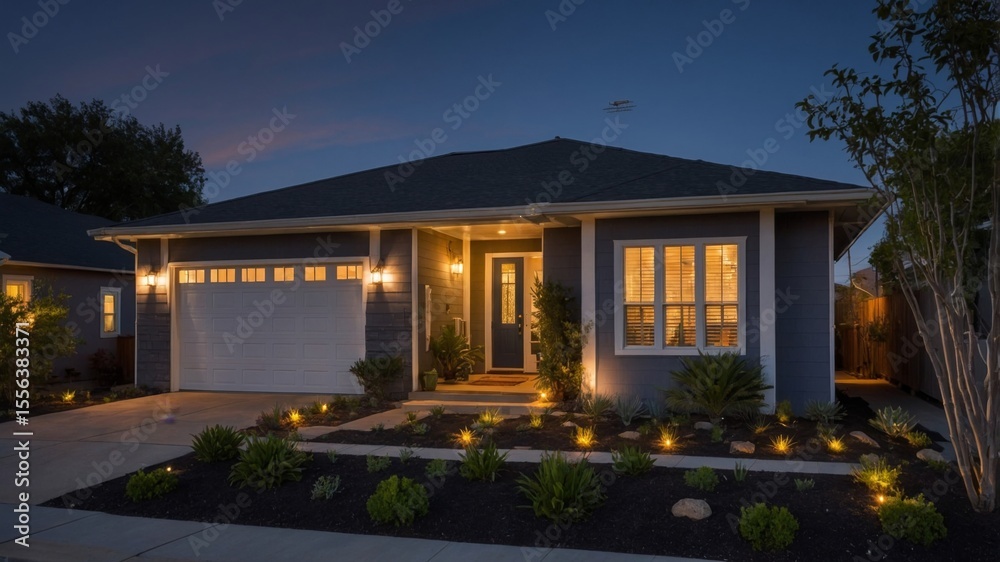 Fototapeta premium Modern Home Illuminated at Dusk With Garden Landscaping and Cozy Front Porch Welcoming Guests