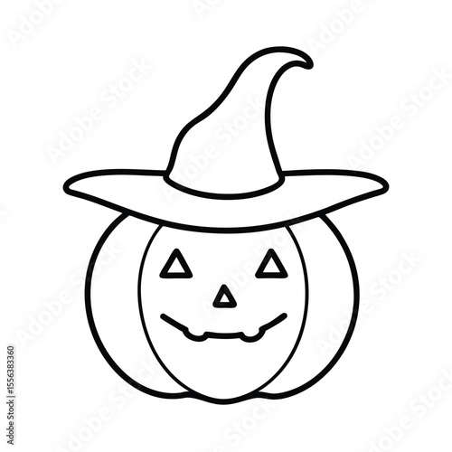 Whimsical illustration of a friendly pumpkin wearing a pointy witch hat perfect for halloween celebrations and autumn themed designs