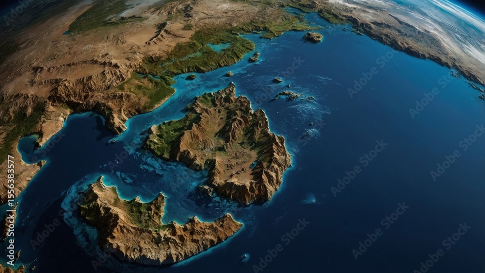 Obraz premium Satellite View of the Korean Peninsula Highlighting Coastal Features and Nearby Islands Under Bright Daylight