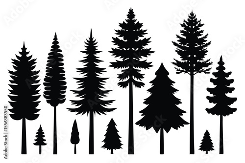 Black silhouette set of 8 pine trees