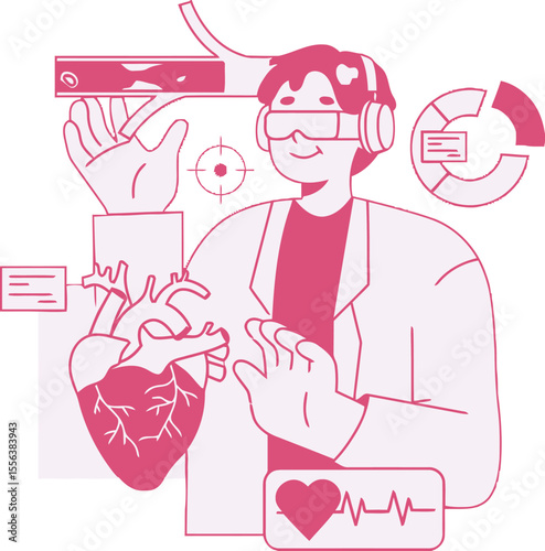 Medical doctor vr healthcare technology heart disease research analysis innovation virtual reality science vector art illustration and png 