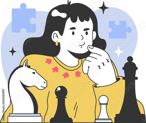 Woman chess strategy game puzzle thinking challenge intelligence decision planning competition mind play vector art illustration and png 