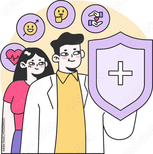 Health doctor medical healthcare protection insurance wellness safety family care shield support plan help vector art illustration and png 