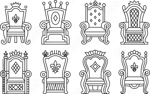 Royal Throne Chair Line Art Collection, Crowned Seat Outline Illustrations.
