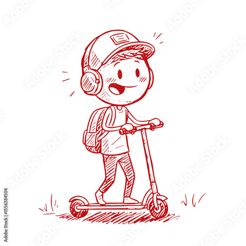 Happy boy riding scooter with backpack and headphones in park  