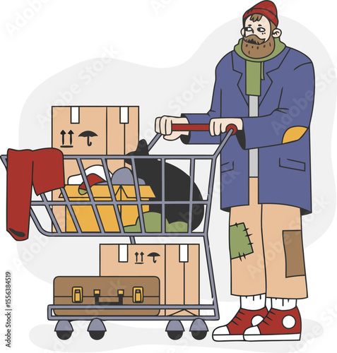 Homeless man with shopping cart boxes belongings poverty hardship illustration cartoon character person vector art illustration and png 