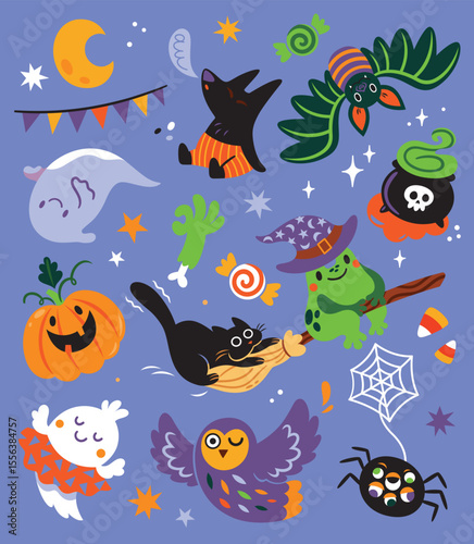 Print design. Spooky season with cartoon funny characters. Vector illustration