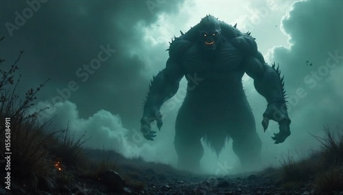A shadowy, monstrous figure looms large, casting a long, menacing shadow Its indistinct form inspires primal fear, a sense of lurking dread and inescapable terror , horrible, beast