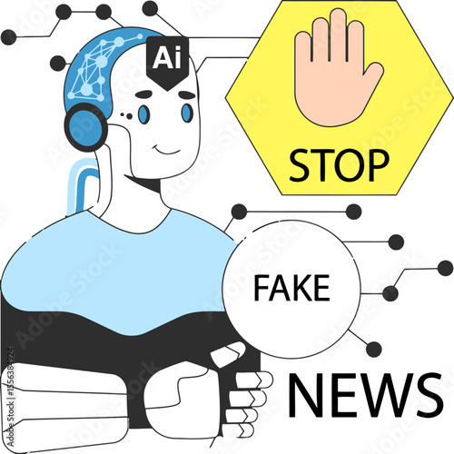 Ai robot fake news detection stop misinformation technology algorithm learning machine intelligence data science vector art illustration and png 