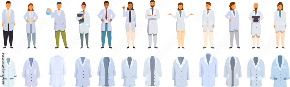 Lab coats icons set. Diverse group of healthcare professionals wearing lab coats, some holding medical equipment, showcasing professionalism and expertise in a medical setting Lab coats icons set. Diverse group of healthcare professionals wearing lab coats, some holding medical equipment, showcasing professionalism and expertise in a medical setting