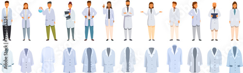 Lab coats icons set. Diverse group of healthcare professionals wearing lab coats, some holding medical equipment, showcasing professionalism and expertise in a medical setting