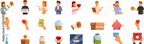 Fundraising events icons set. People donating money and goods, volunteering for charity organizations, and supporting fundraising campaigns