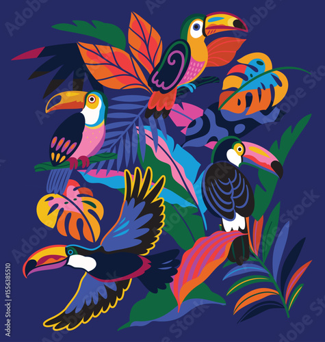 Tropical scene with bright bold toucans and leaves