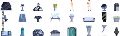 Space station interior icons set. Futuristic spaceship interior showcasing various furniture, equipment, and astronauts, highlighting comfortable and functional design for space travel