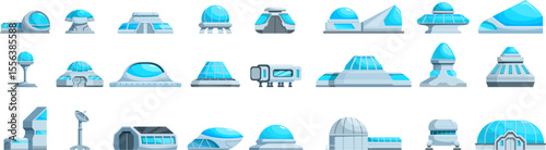 Building moon base icons set. Set of space colony buildings representing futuristic architecture for human outpost on other planets