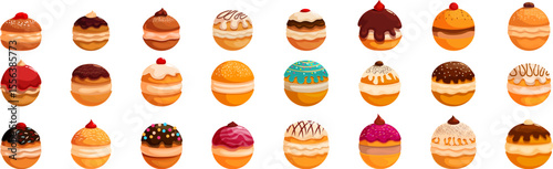 Hanukkah doughnuts icons set. Colorful sufganiyot icons showcasing a variety of delicious toppings and fillings, perfect for representing the sweet treats enjoyed during hanukkah