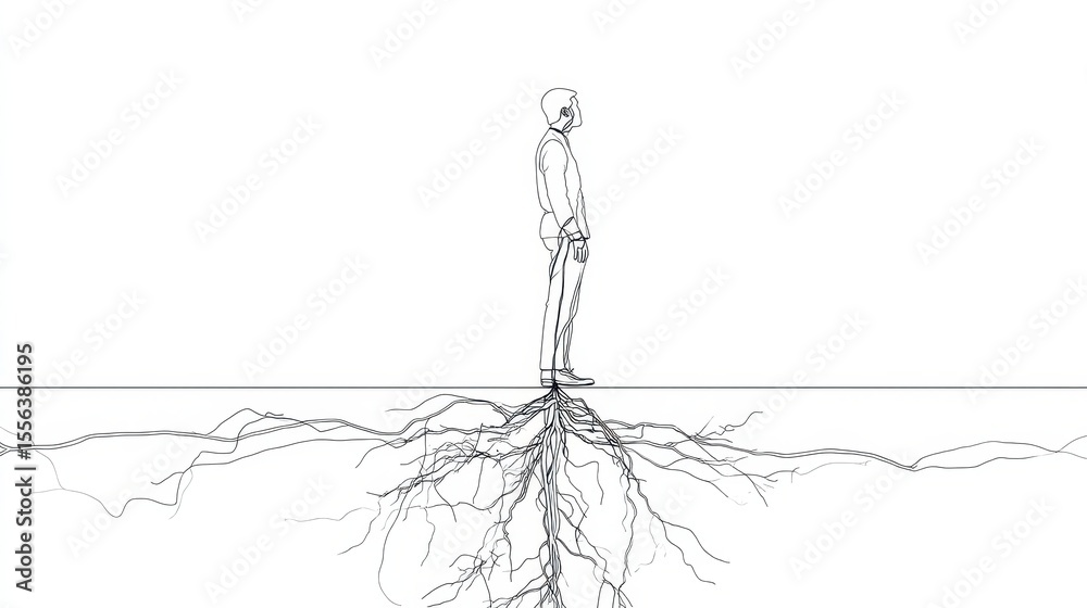 Obraz premium Line art of man with spreading roots symbolizing growth and identity