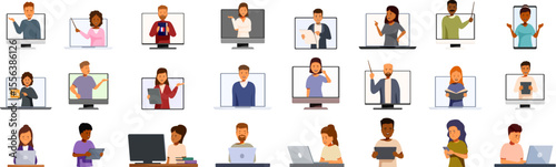 Online language tutor icons set. Teachers teaching and students learning online using computer and mobile devices, online education concept